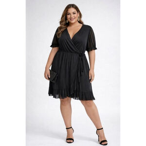 Black Wrap-Style Dress – Size 2X Plus – Sheer Sleeves & Flowy Fit